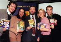 Stars from the Channel 4 soap, Brookside, Sam Kane and Claire Sweeney (who play once engaged couple Peter Phelan and Lindsay Corkhill) pick up some tips from a book about love at the launch of the 'National Year of Reading' at the Dillons Bookstore Store in central London January 1998