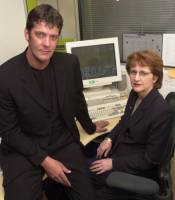 Actor Sam Kane and Home Office Minister Beverley Hughes teaming up to support the Government's Internet Child Protection Task Force as Sam is about to appear in an episode of Coronation Street where he plays a man who exploits a teenager through an internet chatroom which was screened July 15th 2001