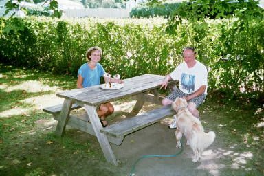  PorkChop (The woman), her dog Frankee, a friend 
	and their ICE CREAM SUNDAES ! ! 