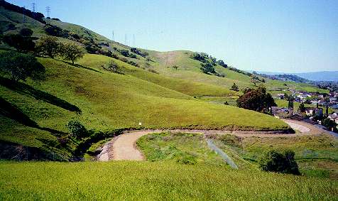 View of canal trail from hill by Cottle Road in undeveloped Century Oaks Park