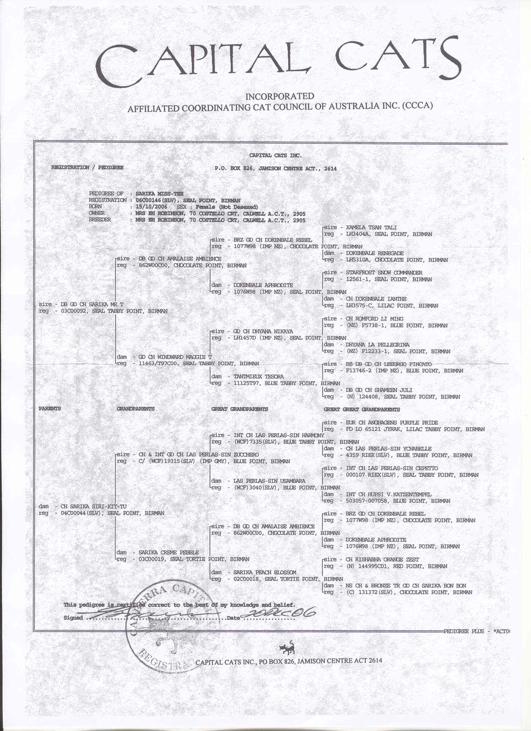 pedigree of Sarika Miss Tee