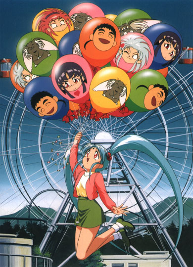 Sasami floating away cutely with all of her friends secretly trapped in balloons by Stacy in her plan to take over the world...j/k