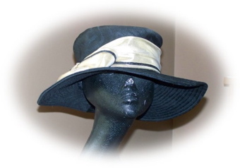 #47 Original black fabric hat with gold trim by Garden Party; was $70 now $35