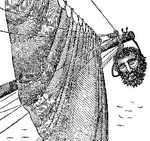Blackbeard's head, hanging from the front of a boat