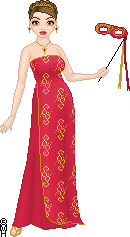 Jenifer in a formal gown, based on a design by Rose Taft