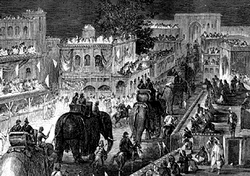 Procession of elephants passing through streets of Peshawar on the occasion of Silver Jubillee Celebrations of Queen Victoria's reign in 1862 (Click on image to Enter)