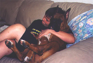 Stephen hugs Scrapper on the sofa