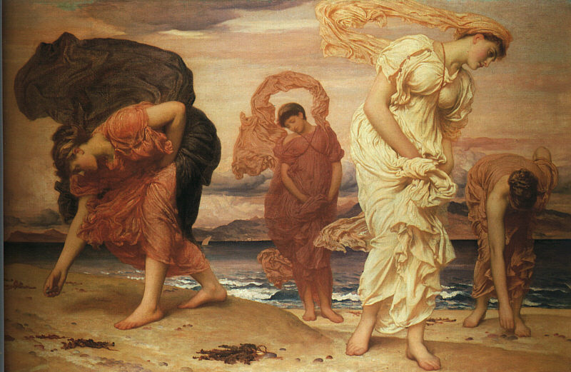 Greek girls picking up pebbles on the beach