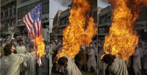 protestor sets self on fire while trying to burn American flag