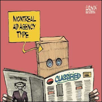 advertising agency type lies low: Aislin cartoon February 24 2004