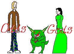 These three are interesting. They are characters I created once during a SIMM and they've stuck around ever since. The nervous one on the left is Martin, an 8th century Briton and (in my world) a saint. The one on the right is Dorothea, a 19th century demonologist who almost destroyed the world and loves Martin (who loves her back). The one in the middle is Kretzner, an annoying 3ft lizard demon with a nasty sense of humour. They look after all those bits of my site that don't fit under any other heading, including my pages of links.   NB: For those who have encountered these three before,, I know I never said that Dorothea was from the 19th century before but when I tried to draw her, that's how she appeared. So that's how she is now.
