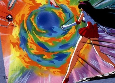 Sailor Mars battles Catsy of the four sisters in the big showdown