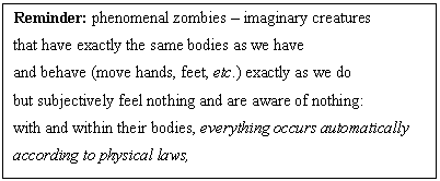 �������: Reminder: phenomenal zombies � imaginary creatures 
that have exactly the same bodies as we have, 
that behave (move hands, feet, etc.) exactly as we do, 
but subjectively feel nothing and are aware of nothing: 
with and within their bodies, everything occurs automatically 
according to physical laws,
without any feeling and awareness whatsoever)
