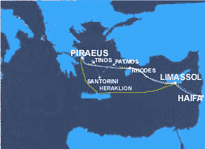 Poseidon Lines shipping co. All year round service to Greece, Cyprus & Israel . Poseidon Lines Ferries from / to Greece ( Piraeus, Santorini, Crete - Heraklion, Patmos, Rhodes ) to Cyprus - Limassol and Israel - Haifa.