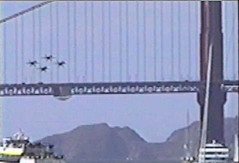 Blue Angels flying thru cables on bridge