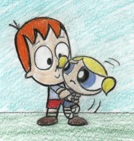 Mike tries to hold little Bubbles