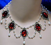 Medieval Necklace Ruby Acrylic, Pearls Silvertone
