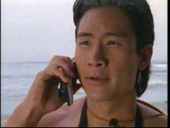 Chad Lee (Blue Ranger leaves his post on the beach to help