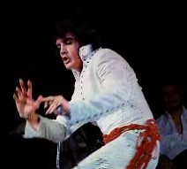 Elvis taking a Karate pose on stage.