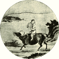 the oxherder is playing a flute while riding the ox. The ox still has its nose-ring and rope. But now the oxherder no longer has to hold the rope and pull the ox back to the way