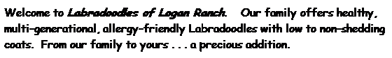 Text Box: Welcome to Labradoodles of Logan Ranch.&nbsp;&nbsp;&nbsp; Our family offers healthy, multi-generational, allergy-friendly Labradoodles with low to non-shedding coats.&nbsp; From our family to yours . . . a precious addition.
