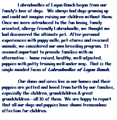 Text Box: &nbsp;&nbsp;&nbsp;&nbsp;&nbsp;&nbsp;&nbsp;&nbsp;&nbsp;&nbsp;&nbsp;&nbsp; Labradoodles of Logan Ranch began from our family�s love of dogs.&nbsp;&nbsp; We always had dogs growing up and could not imagine raising our children without them.&nbsp; Once we were introduced to the fun loving, family oriented, allergy-friendly Labradoodle, we thought we had discovered the ultimate pet.&nbsp; After personal experiences with puppy mills, pet-stores and rescued animals, we considered our own breeding program.&nbsp; It seemed important to provide families with an alternative -&nbsp; home raised, healthy, well adjusted, puppies with potty training well under way.&nbsp; That is the single-minded focus of Labradoodles of Logan Ranch.&nbsp; 
&nbsp;
&nbsp;&nbsp;&nbsp;&nbsp;&nbsp;&nbsp;&nbsp;&nbsp;&nbsp;&nbsp;&nbsp;&nbsp; Our dams and sires live in our homes and their puppies are petted and loved from birth by our families, especially the children, grandchildren & great grandchildren-- all 16 of them.&nbsp; We are happy to report that all our dogs and puppies have shown tremendous affection for children.&nbsp; 
