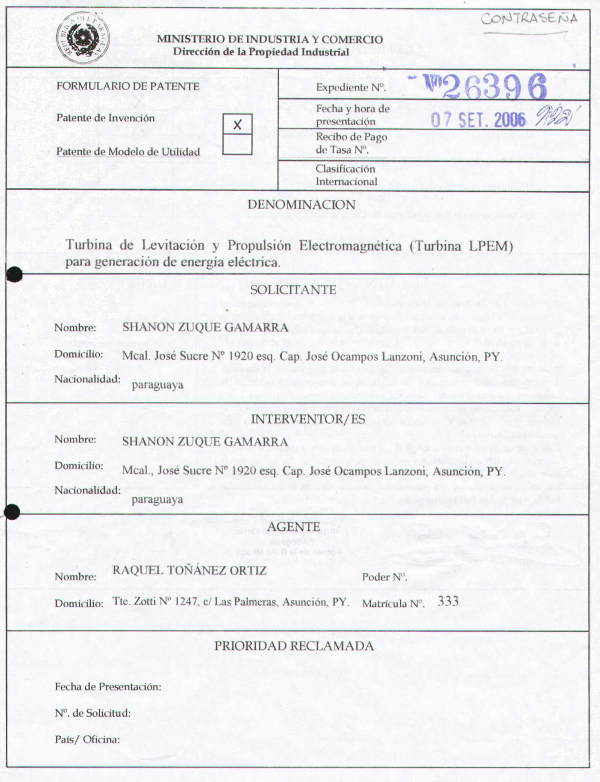 Contrase�a de Registro de la Turbina LPEM (anverso)