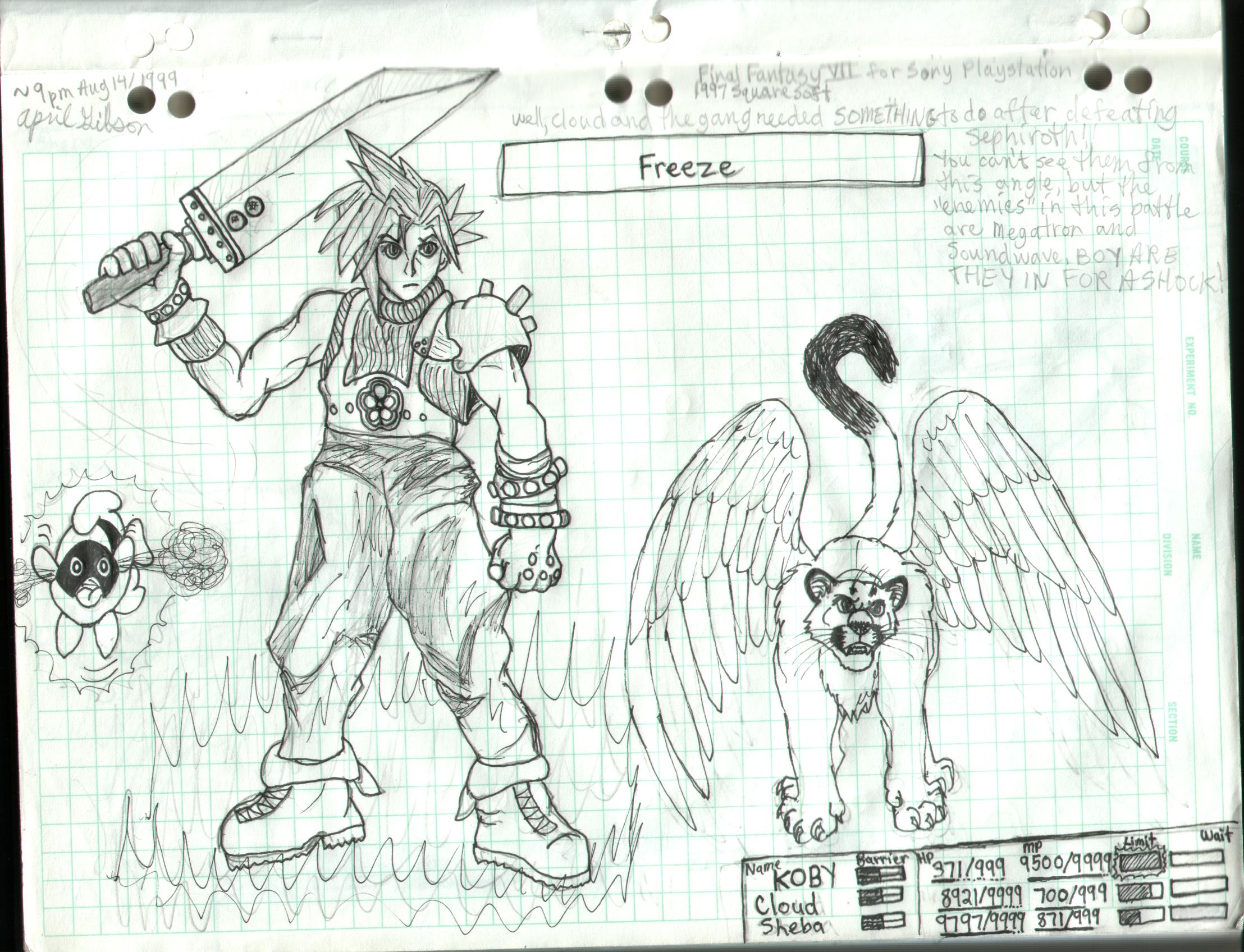 Sheba, Cloud, and Koby Fish in FF VII Battle