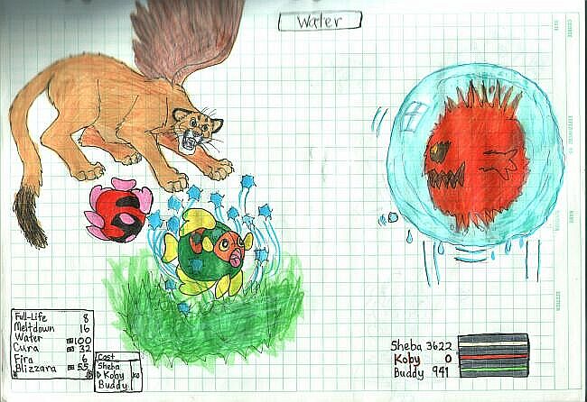 Sheba, Koby, and Buddy, battling a Bomb Monster from Final Fantasy VIII