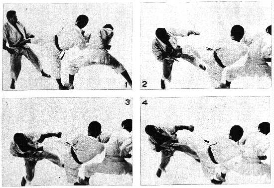 tsuchiya with yokogeri against two opponents W/B photo