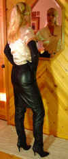 lady carol in shinyblouse and leather pencil skirt3