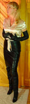 lady carol in shinyblouse and leather pencil skirt4