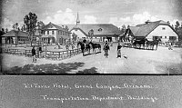 ARTIST'S PAINTING OF FRED HARVEY LIVERY AREA. MULE & HORSE BARNS. SHIRLEY HALL. CIRCA 1905. FRED HARVEY CO.