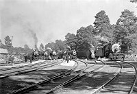 SHRINER'S SPECIAL TRAINS IN GRAND CANYON STATION YARD. SHRINERS AND 5 STEAM LOCOMOTIVES IN PHOTO. 28 MAR 1937 NPS PHOTO