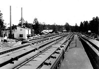 VIEW E AT SANTE FE YARDS, GRCA. FULL OF PASSENGER TRAINS. FIRST POWERPLANT JUST W OF DEPOT IN LEFT OF PHOTO. CIRCA 1920. FRED HARVEY.