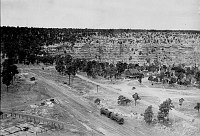 AERIAL VIEW - W END OF RAILROAD YARD, CAMERON HOTEL & SEWAGE PONDS AS SEEN FROM POWERHOUSE ROOF. CIRCA 1925. SANTA FE RR.