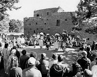 COOCHYAMPTEWA FAMILY DANCING OUTSIDE HOPI HOUSE. LOOKING SOUTHEAST AT HOPI HOUSE. 11 NOV 1995. NPS