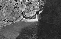 WHY I WENT NO FURTHER UP TOWARD MERLIN ABYSS, HAVING NEITHER A RAFT NOR A CRANE FOR MY PACK. WONDERFUL SWIMMING. AT LEAST 10 FEET DEEP. THE CLIFFS GO UP A HUNDRED FEET OR SO. GRCA 70058. SUMMER 1951. CLUBB PHOTO.