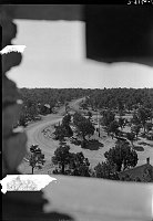 DESERT VIEW ROAD INTERSECTION FROM UPPER LEVEL OF WATCHTOWER. ROCKS FRAME WINDOW. S RIM, GRCA. CIRCA 1933