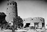 DESERT VIEW WATCHTOWER UNDER CONSTRUCTION AS SEEN FROM THE EAST SIDE. CIRCA 1932. NPS. 