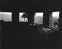 INTERIOR OF DESERT VIEW WATCHTOWER KIVA DURING CONSTRUCTION. VIEW TOWARDS EAST. CIRCA 1932. FRED HARVEY CO. GRCA 22630. 