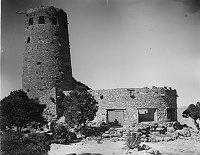 EARLY DESERT VIEW WATCHTOWER (EXT) TOWER & KIVA. WINCH ATTACHED TO TOP OF TOWER. CIRCA 1933. FRED HARVEY CO. GRCA 15926 <br>