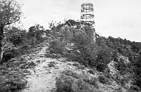 WATCHTOWER CONSTRUCTION. VIEW UP AT WATCHTOWER FRAMEWORK FROM BELOW POINT. CIRCA 1931. COLTER