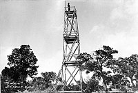 TEMPORARY TOWER BUILT TO THE HEIGHT OF THE PROPOSED DESERT VIEW WATCHTOWER TO CHECK VIEWING ANGLES. CIRCA 1932. FRED HARVEY CO. 
