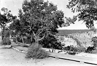 DETAIL OF BOARDWALK ALONG RIM BEHIND EL TOVAR AND BRIGHT ANGEL HOTELS. SEPT 1932. NPS. 