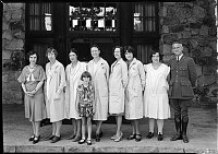 GROUP PHOTO OF THE CURIO SHOP EMPLOYEES  AT NORTH RIM  LODGE W/ SUPT TILLOTSON ON THE RIGHT. OUTSIDE MAIN ENTRANCE. 20 JULY 1930<br>