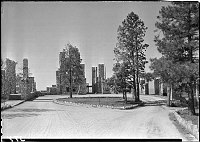 REMAINING ROCK WALLS OF THE ORIGINAL GRAND CANYON LODGE - NORTH RIM - BEFORE RECONSTRUCTION. CIRCA JUNE 1933 NPS PHOTO<br><br>