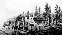 PRINT OF WATERCOLOR BY UNDERWOOD, G.S. OF THE ORIGINAL GRAND CANYON LODGE, NORTH RIM. CIRCA 1928. 