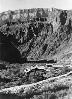 PROMO PHOTO OF ORIGINAL PHANTOM RANCH BUILDINGS. VIEW S OVER BRIGHT ANGEL CREEK. CIRCA 1922. FRED HARVEY CO. 