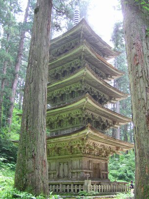 Five storey pagoda in the forest at Mount Haguro